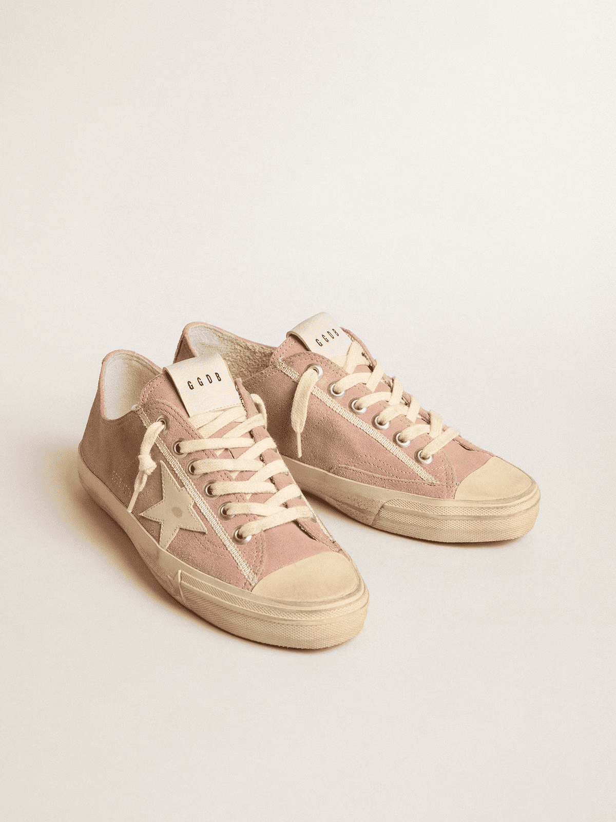 Golden Goose Womens V Star with cream star in pink suede and vintage finish